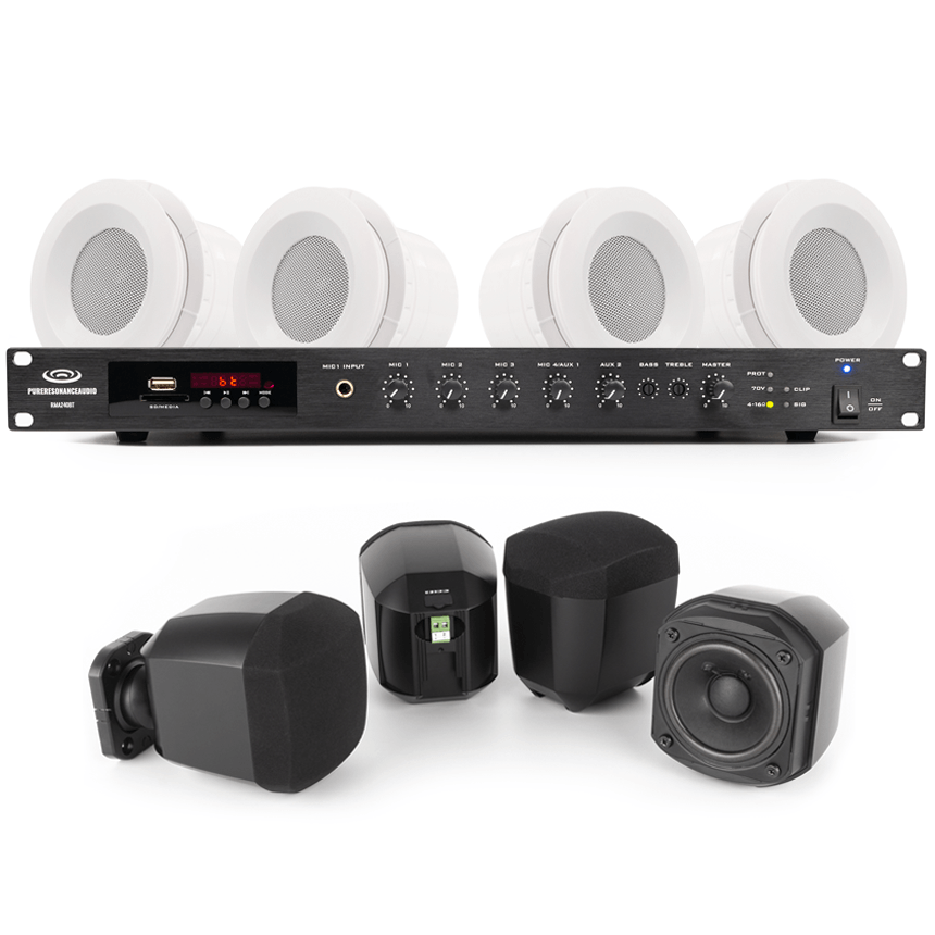 Office Sound System with 8 Ceiling Speakers, 6 Surface Mount Speakers