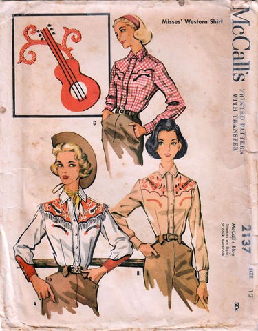 Clothing Patterns illustrations by McCall's 2137; ©1957; Misses' Western Shirt. Applique Embroidery Transfer.