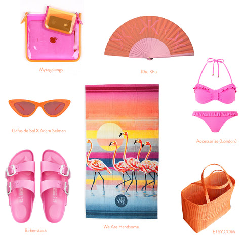 Coral / Pink flat lay with products from Birkenstock shoes, accessorise bikini and Khu Khu Hand Fan