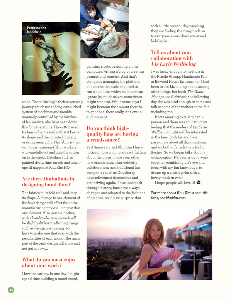 Victoria Speyer, founder of Khu Khu talking to Liz Earle Wellbeing magazine about her hand-fan business, June 2019, p.2