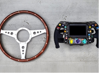 Formula One steering wheel the original leather style compared to the digital box of 2019