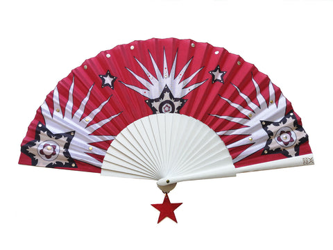 Texan Star Hand-Fan KHU KHU SS2020 Red and White star with rhinestones and hanging leather pendant