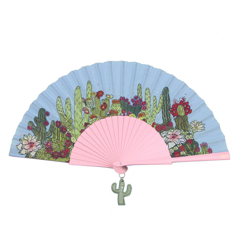 Khu Khu Desert Sparkler Hand-Fan, Pale pink sticks, crystals on cactus print and hanging green cactus