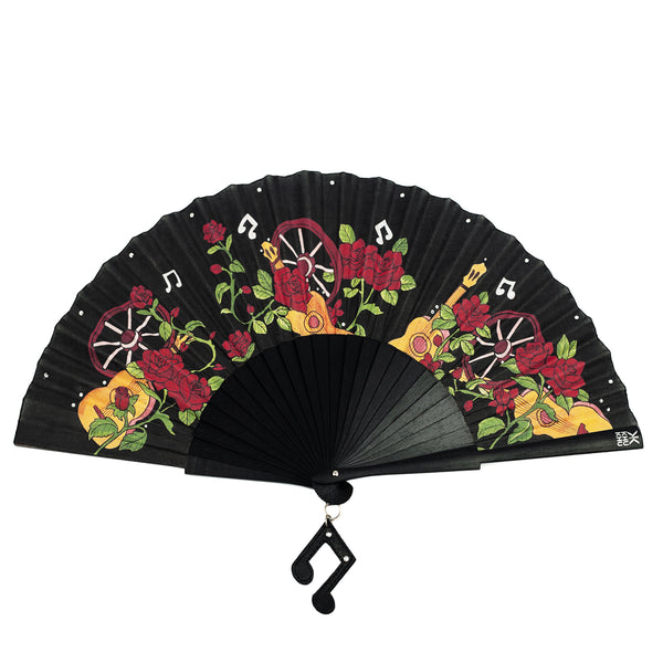 Khu Khu hand-fan with roses, guitars and rhinestones for Wild is the Wind Collection 2020