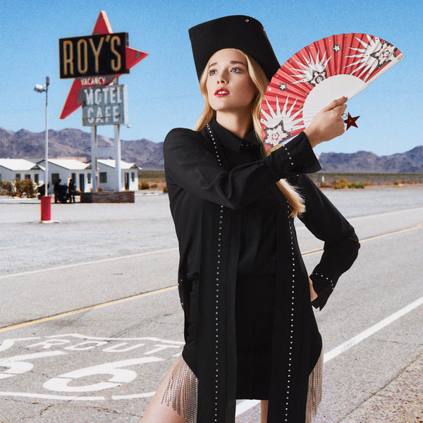 Khu Khu Texan Star Hand-Fan with crystals and hanging red star pendant with model on route 66