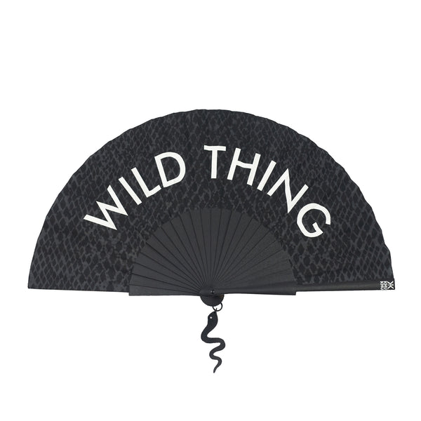 Khu Khu Wild Thing Statement hand-fan with snake print background and hanging leather pendant 