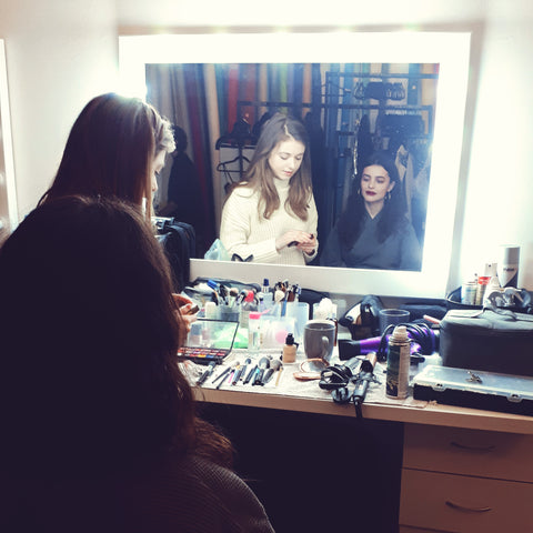 Leonora getting make up done for Khu Khu Hand-Fan Shoot at Wolf and Badger Studios, East London