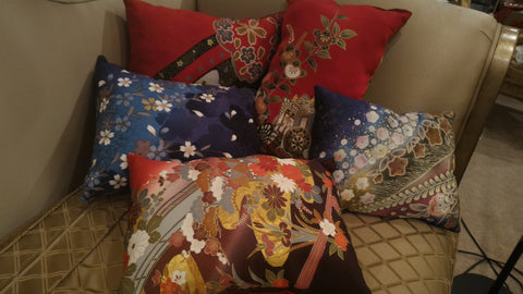 Pillow collage, silks and cottons from yokodana kimono