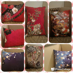 Evelyn Lee pillows made from yokodana kimono fabrics