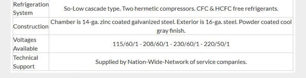 A section of the specifications for So-Low Ultra Low Upright Freezers.