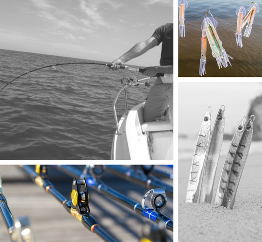 Contact form page art. Mix of lures and fishing rod photos