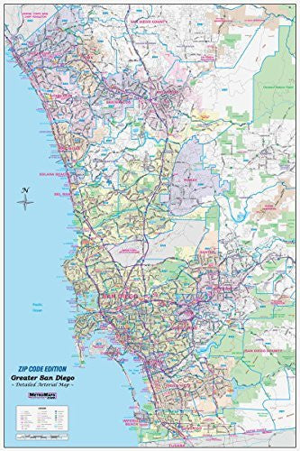 Greater San Diego California Wall Map Wzip Codes Laminated Large 48