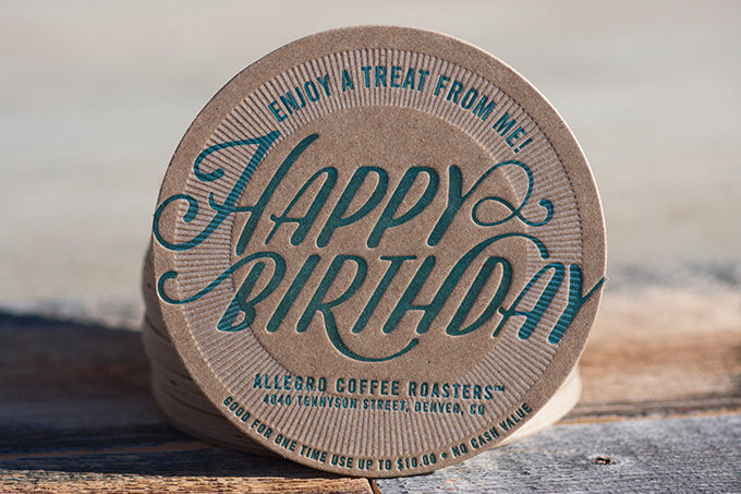 Letterpress Coasters die cut allegro coffee company