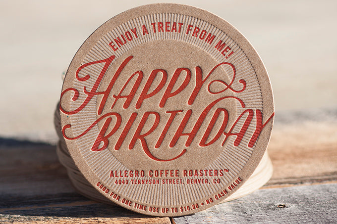 Letterpress Coasters die cut allegro coffee company