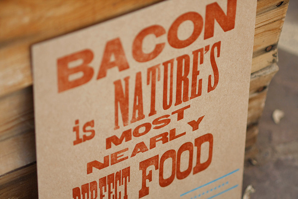 Letterpress Mini Poster Bacon Hand set wood and metal type and printer's cut pig Colorado