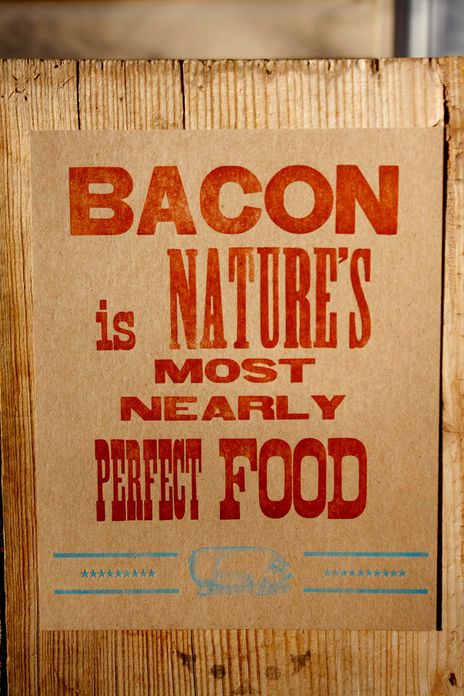 Letterpress Mini Poster Bacon Hand set wood and metal type and printer's cut pig Colorado
