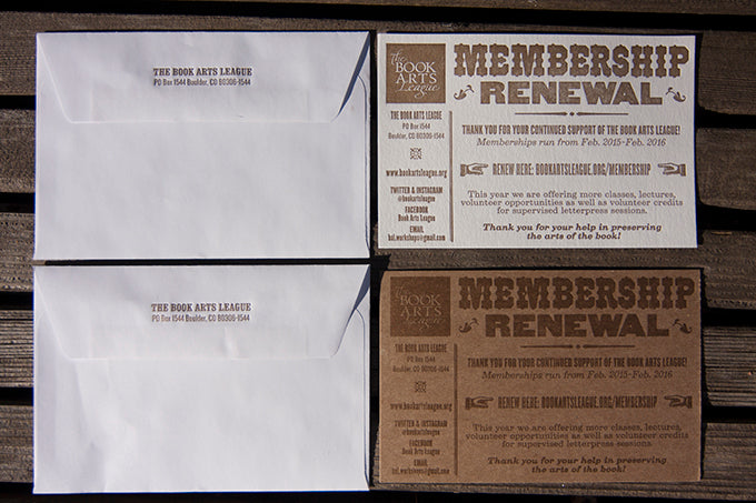 Book Arts League Letterpress Printed Membership Cards Printed By Dogs and Stars Letterpress Colorado