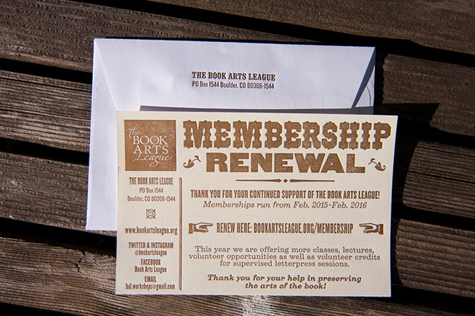 Book Arts League Letterpress Printed Membership Cards Printed By Dogs and Stars Letterpress Colorado