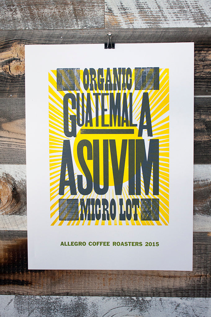 Letterpress printed coffee posters for Allegro Coffee Roasters Tennyson Denver wood type