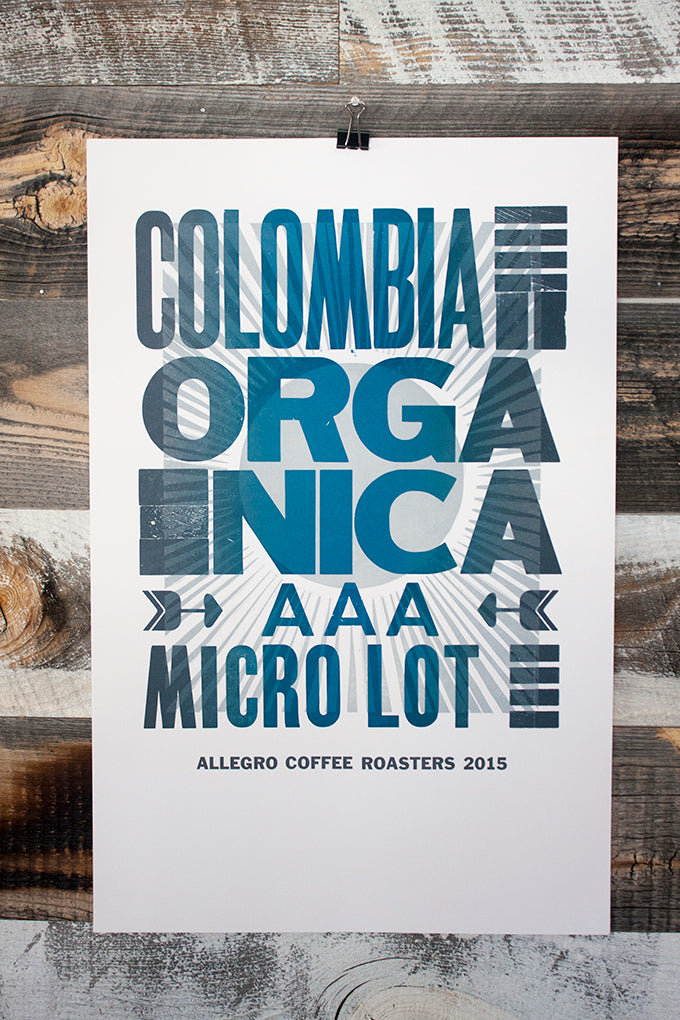 Letterpress printed coffee posters for Allegro Coffee Roasters Tennyson Denver wood type