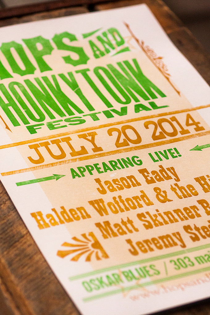 Hops & Honky Tonk Letterpress Printed Poster using wood and metal type