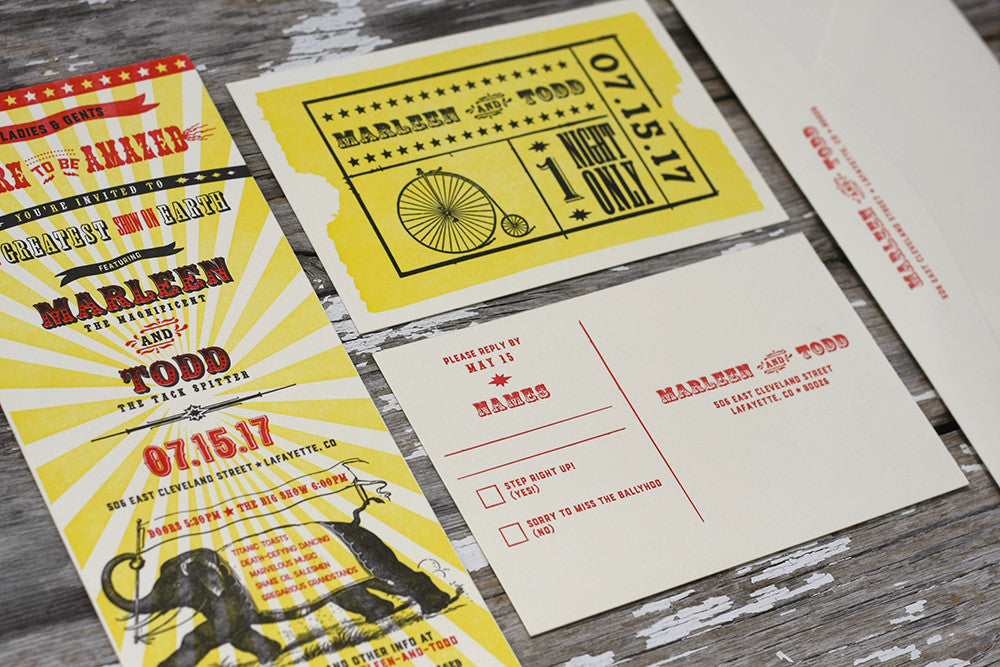 wedding invitations letterpress carnival circus themed boulder denver colorado