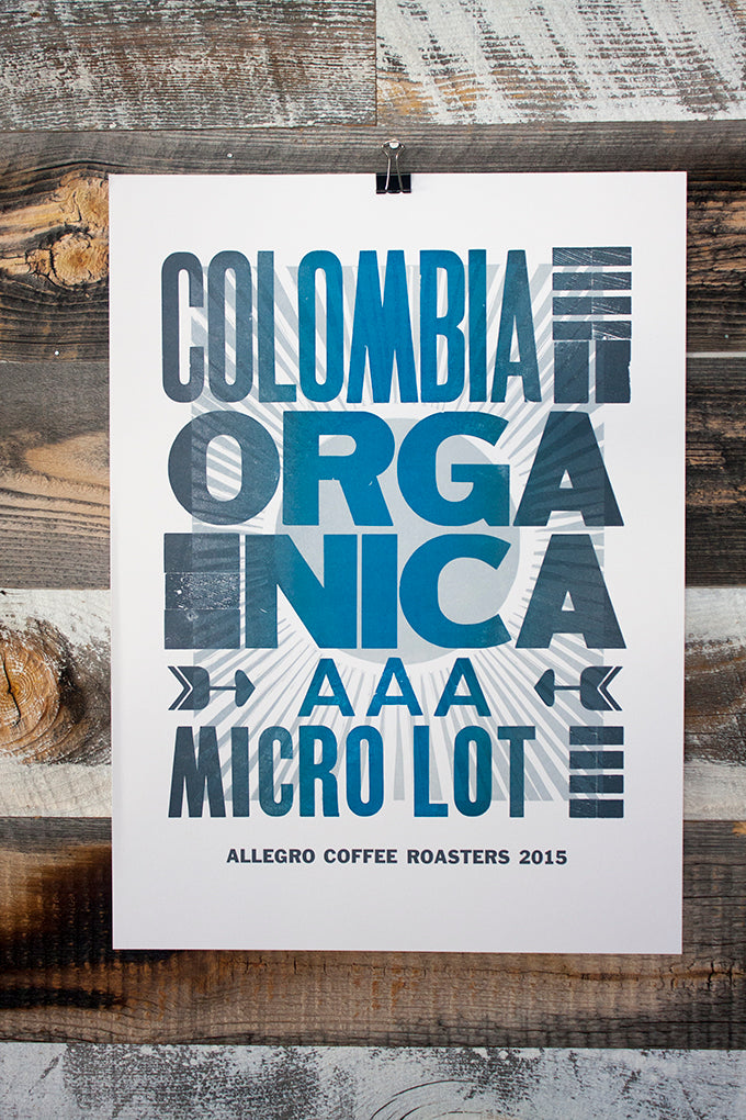 Letterpress printed coffee posters for Allegro Coffee Roasters Tennyson Denver wood type