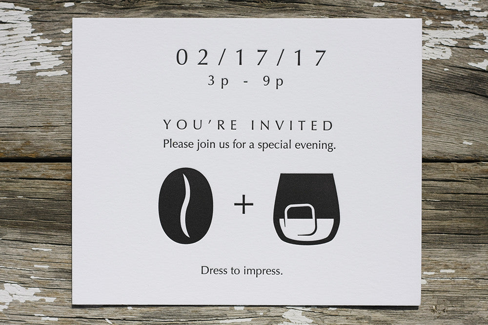 Proper Coffee and Cocktails Letterpress Invitation. Craft coffee and cocktails in Lafayette Colorado