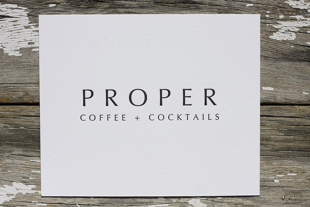 Proper Coffee and Cocktails Letterpress Invitation. Craft coffee and cocktails in Lafayette Colorado