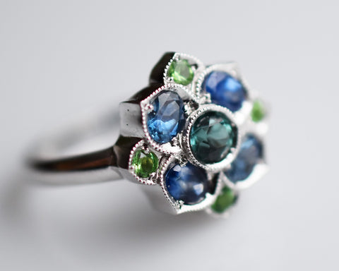 14k gold ring with tourmaline sapphire and mint garnet