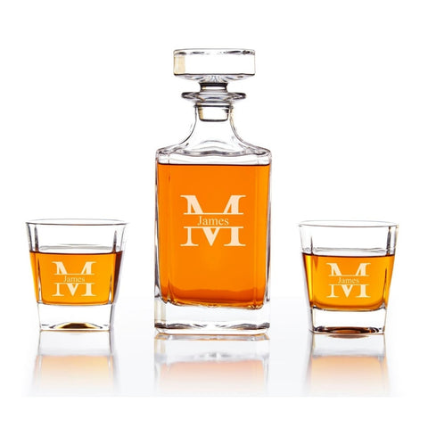 modern monogram engraved whiskey decanter set