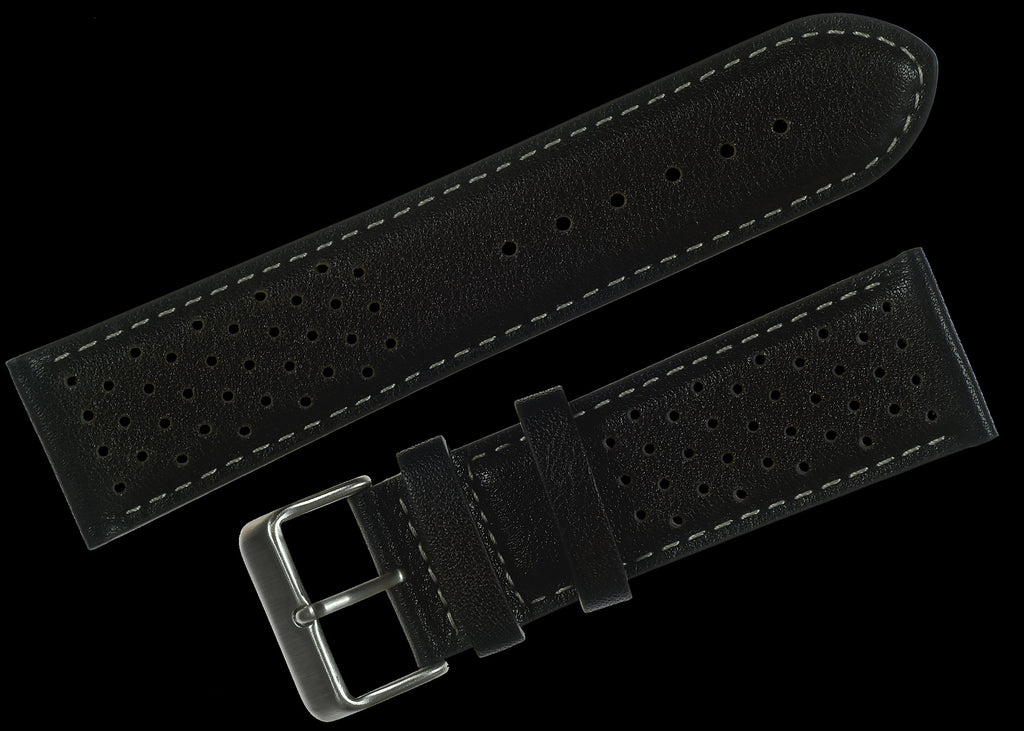 Classic 1970s / 1980s Retro Rally Pattern 22mm Black Leather Watch Strap