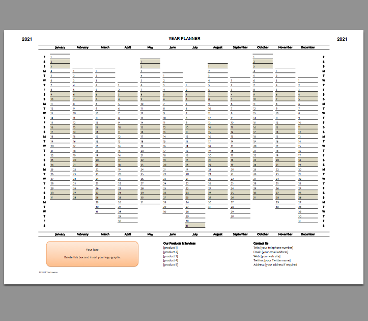 Year Planner Template 2021 Excel Printable File Infozio