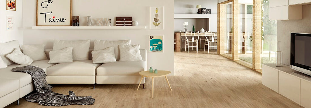 Laponia Wood Effect Tiles in Stylish Home with White Couch