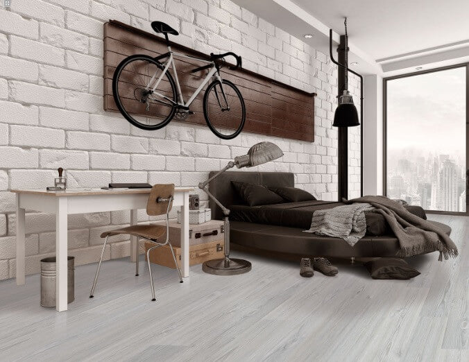 Wood Effect Floor Tiles in Hipster Loft Apartment with Bike Hanging on Wall