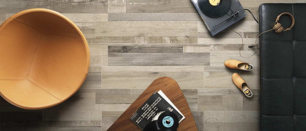 Wood Effect Floor Tiles in Stylish Apartment with Black Couch, Turntable, and Wood Coffee Table