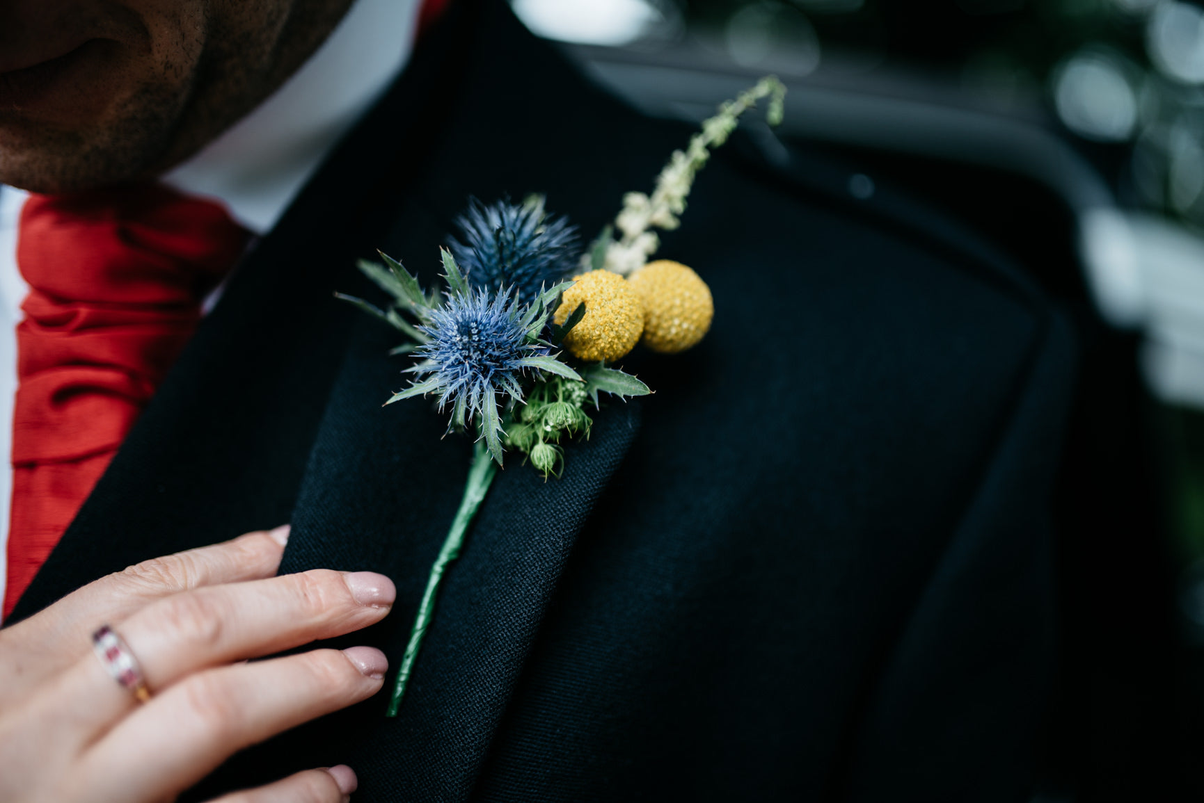 Grooms wedding buttonhole with Thistle