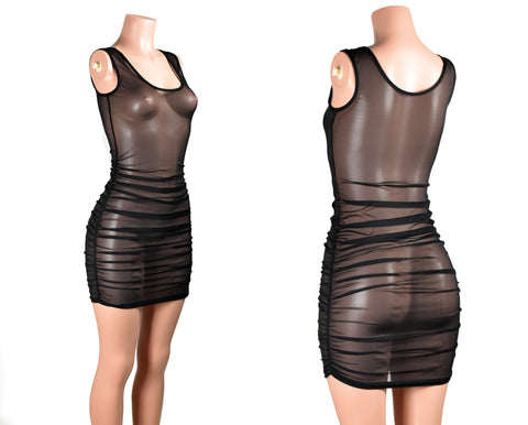 Black Mesh Ruched Bodycon Mini Dress