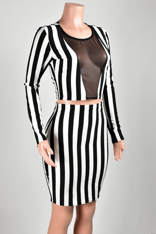 Mesh Front Black and White Striped Cropped Shirt