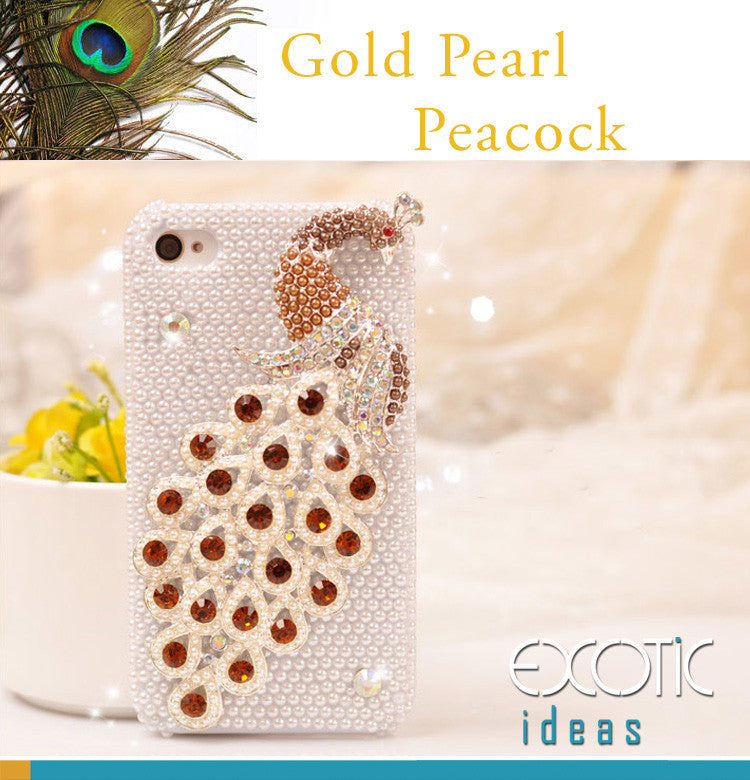 3D Fine Gold Crystal Rhinestone and Pearl Peacock Apple iPhone 5 / 5S Skin Case Cover - with Pearls Set Case