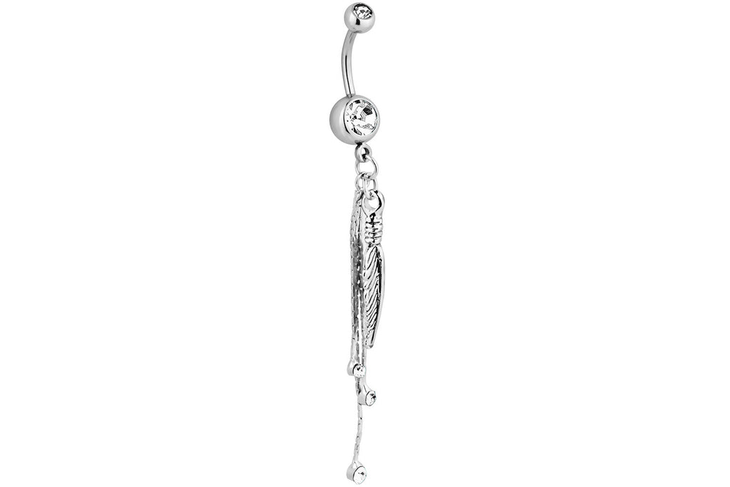 Our fancy feather dangle belly ring features multiple Cubic Zirconia crystals and is made with 316L Surgical Steel. This body jewelry is 14 gauge and has a 10 mm barbell. The top ball is 5 mm and the bottom ball measures 8 mm.