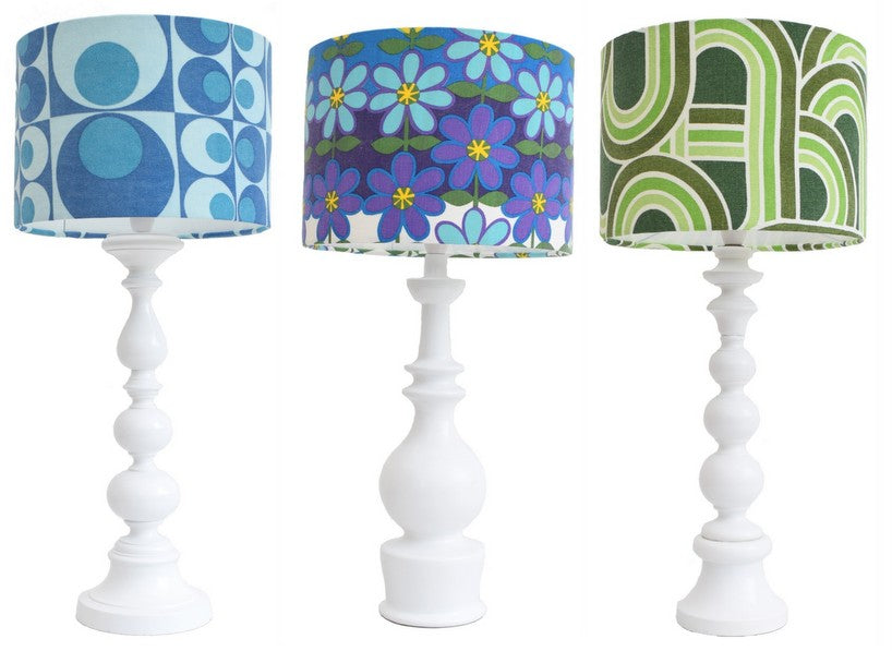 Trio of vintage lamp bases and coloured vintage shades