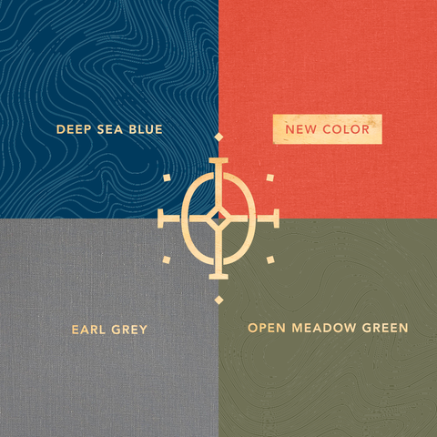 four cover options | printed covers in deep sea blue and open meadow green | book cloth covers in earl grey and a new red