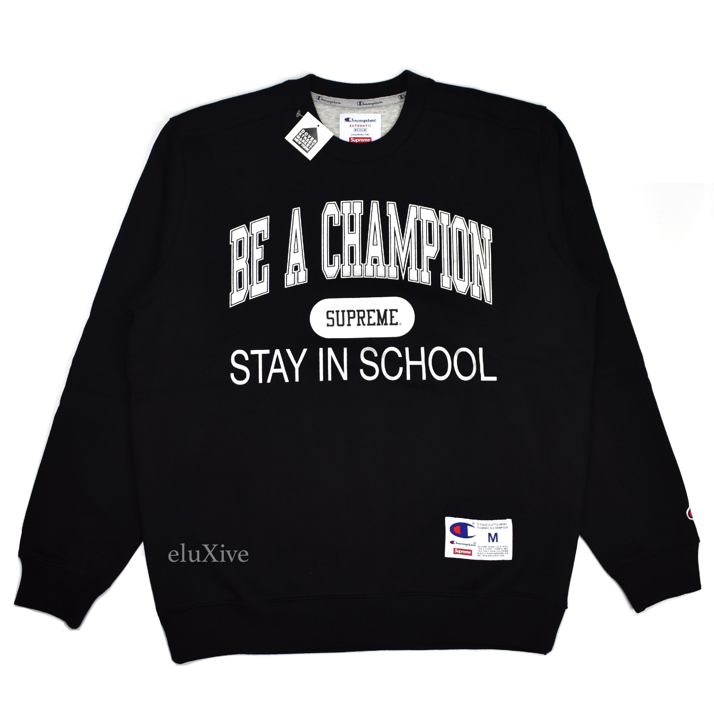 Supreme x Champion - Men's Black 'Stay in School' Logo Sweatshirt