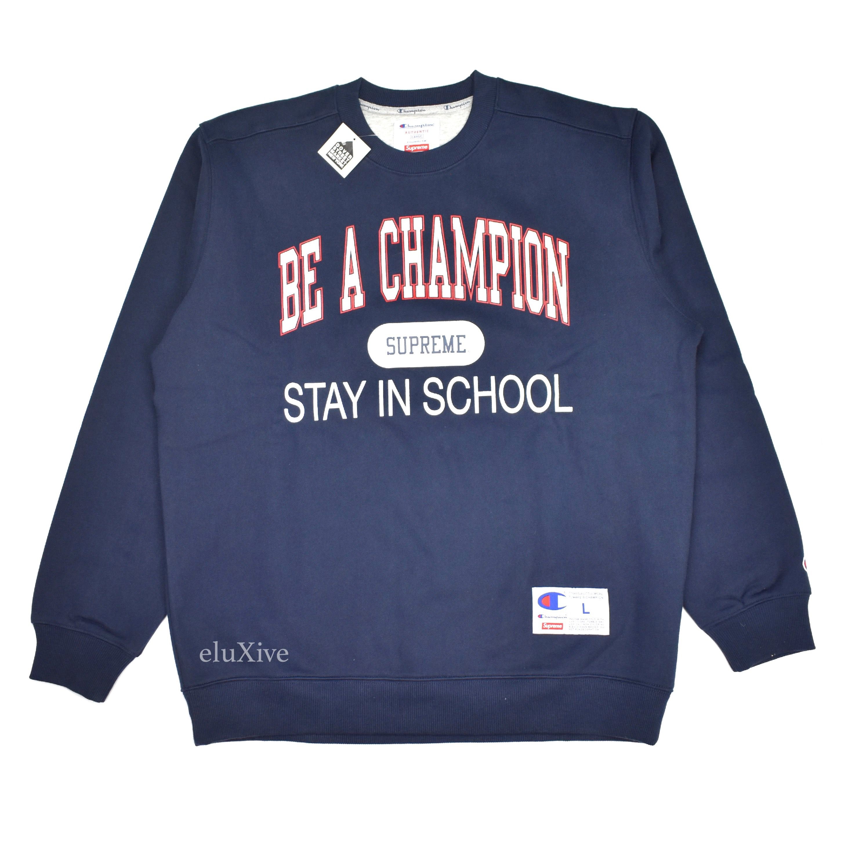 x Champion - Men's Navy 'Stay in School' Logo Crewneck Sweatshirt – eluXive