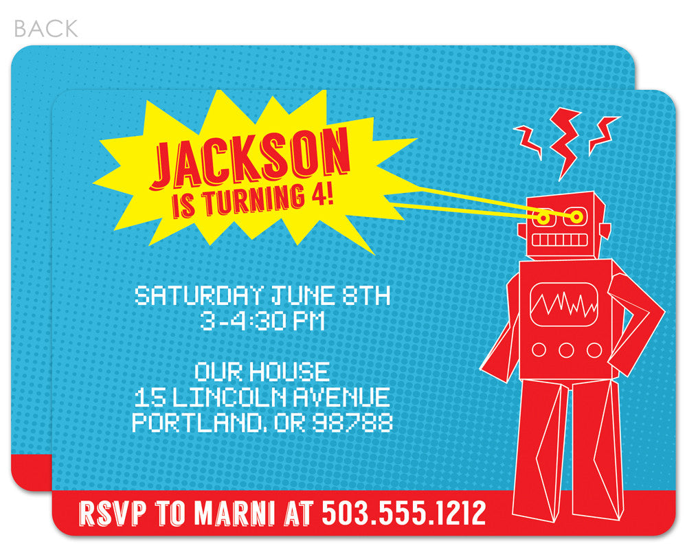 Robot with laser eyes in blue, yellow, and red invitations