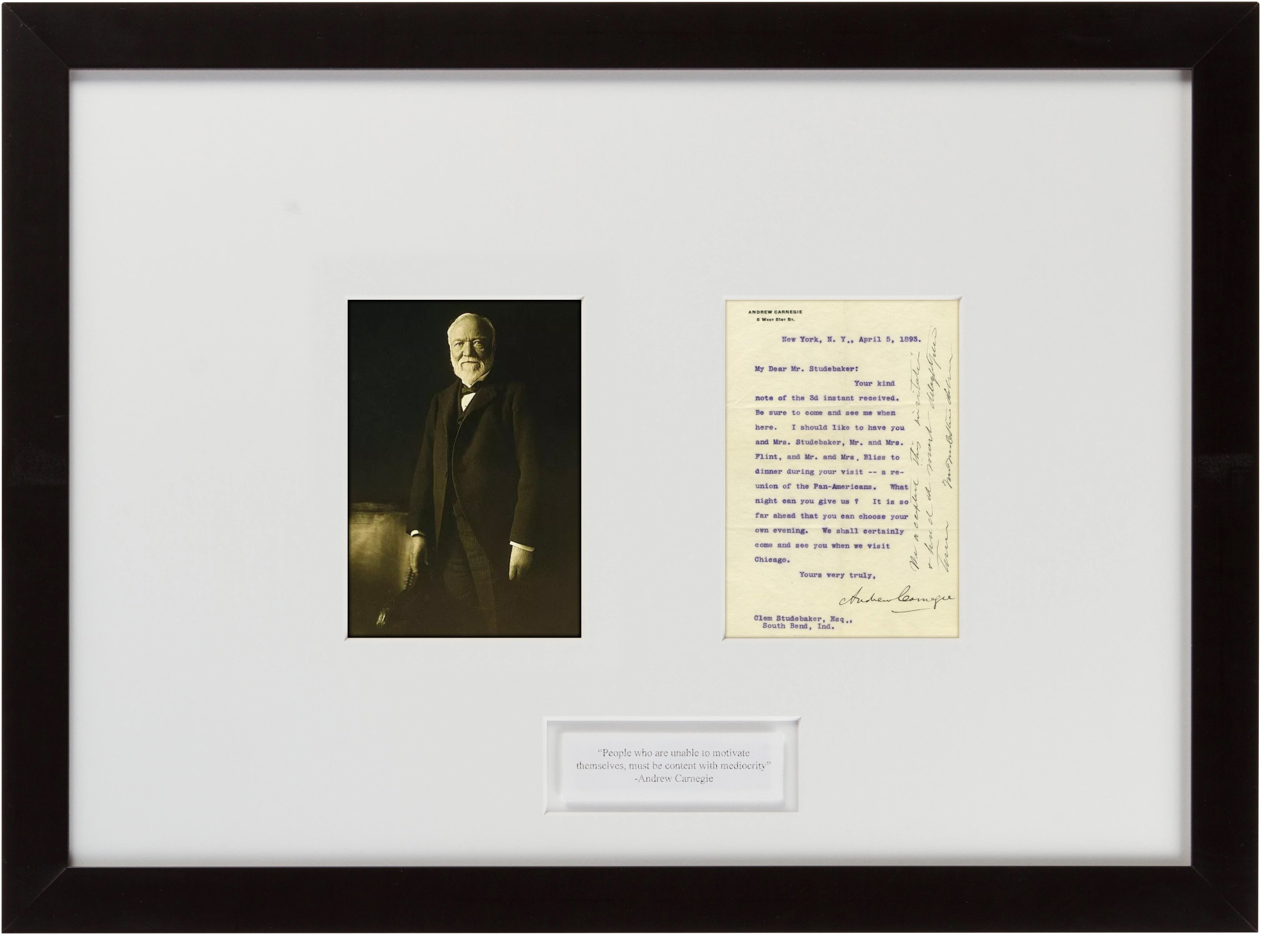 Rare Andrew Carnegie Signed 1893 Letter to, and Countersigned by Clement Studebaker also Mentioning Charles R. Flint, founder of IBM.
