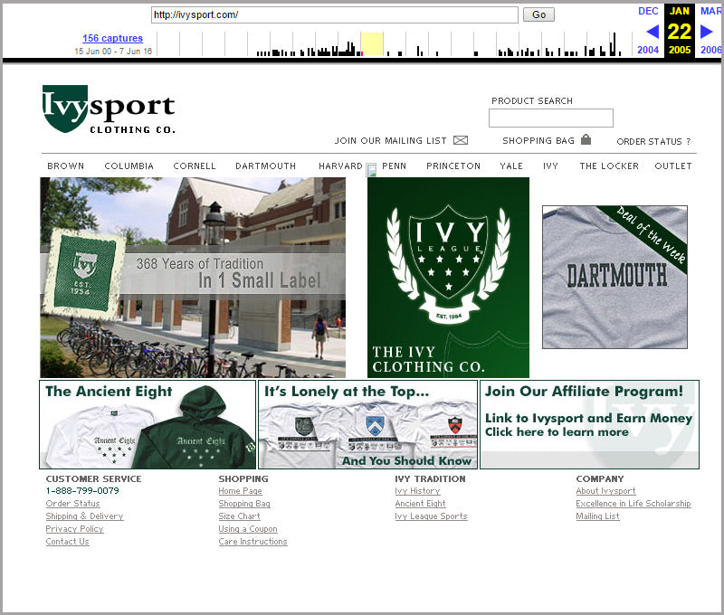 Ivysport homepage snapshot from 2005