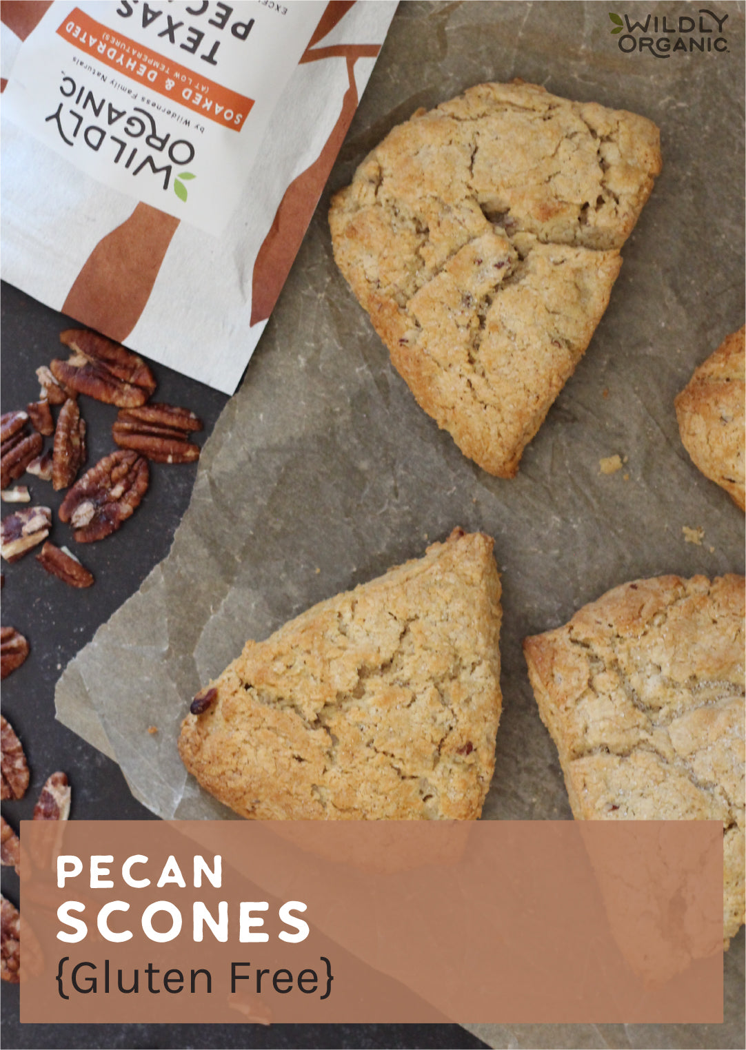 pecan scones on a tabletop with Wildly Organic packaging in the background