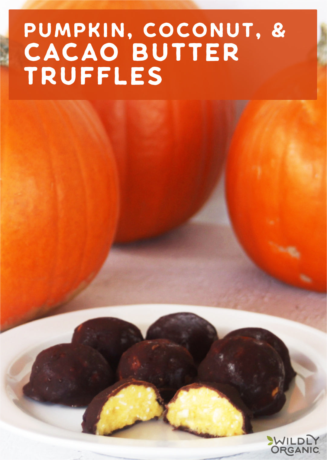 Pumpkin, Coconut Cacao Butter Truffles on a plate with pumpkins in the background| Wildlyorganic.com